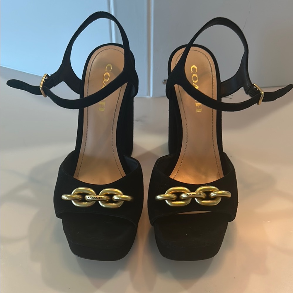 Coach Black Suede Platform Sandals with Gold Chain Accent